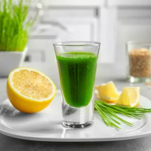 wheatgrass juice and sliced lemon on a plate