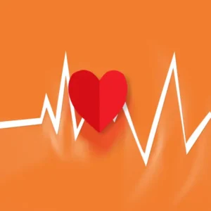 a paper heart on top of an orange background of a heart beat line