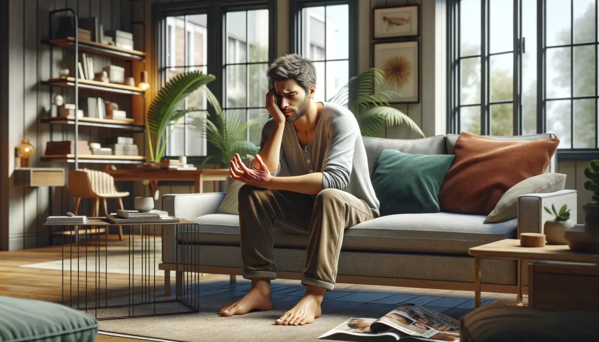 DALL·E 2024-03-23 07.32.50 – Create a detailed and realistic image of a person sitting on a couch in their living room, holding their hand in visible pain and discomfort. The sett (1) Trigger finger is an excruciating condition that causes the finger or the thumb to catch or lock up when bent