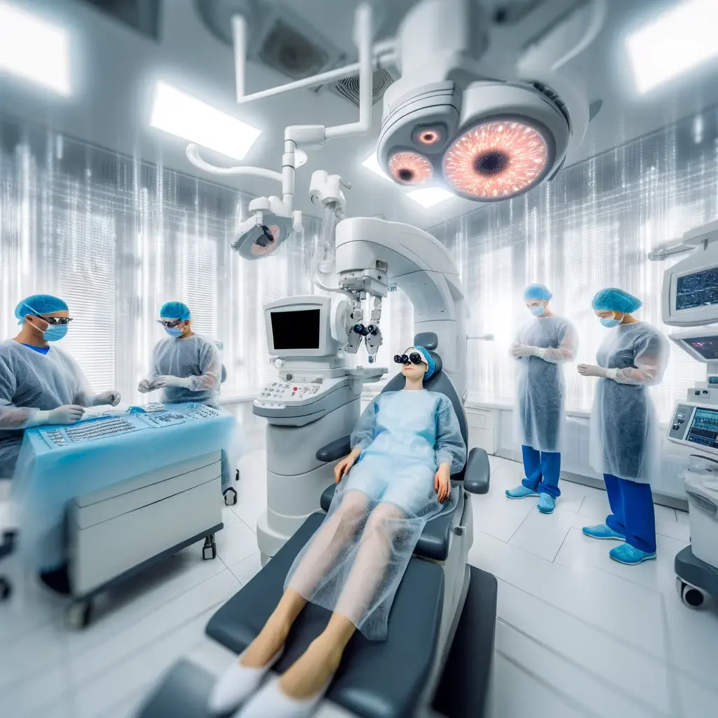 DALL·E 2024-03-14 21.19.05 - The scene is set in a modern, brightly lit surgical room, meticulously organized with advanced medical equipment. At the center of the room, a patient (1) - Allure Wellness  Undergoing LASIK Treatment