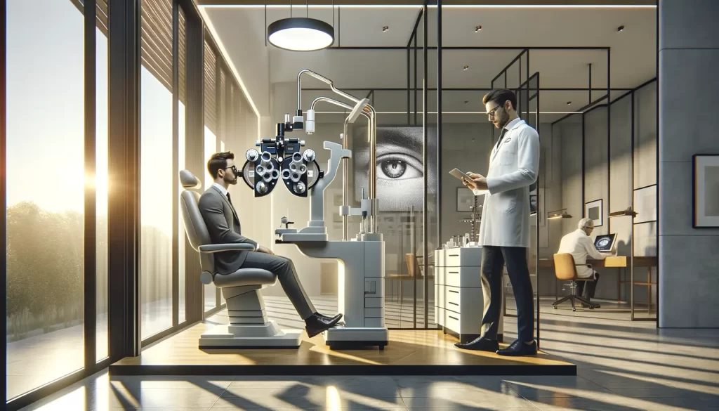 DALL·E 2024-03-14 21.28.57 - In this modern, high-end optometry clinic, the scene is set in the late afternoon with natural light streaming through large, floor-to-ceiling windows (1) - Allure Wellness Why Are Eye Examinations So Important