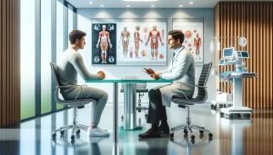 DALL·E 2024-03-15 23.31.31 - Visualize a modern, brightly lit clinic room, where a patient and a surgeon are engaged in a consultation. The surgeon, dressed in professional attire (1) - Allure Wellness Minimally Invasive Surgeries