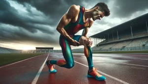 DALL·E 2024-03-18 22.17.12 - Visualize an intense moment on a professional outdoor track field under a cloudy sky, setting a dramatic scene. In the foreground, an athlete, dressed (1) - Allure Wellness A torn ACL has 4 common symptoms