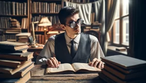 DALL·E 2024-03-18 22.27.07 - Visualize a person sitting at a vintage wooden desk in a well-lit room, surrounded by stacks of old books and open notebooks, suggesting a deep dive i (1) - Allure Wellness Relex Smile Eye Treatment