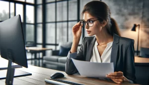 DALL·E 2024-03-20 00.44.43 - Picture a modern office, where a woman is reviewing documents on her computer screen. She leans closer to the monitor, a clear sign of her struggling (1) - Allure Wellness Relex Smile Eye Treatment