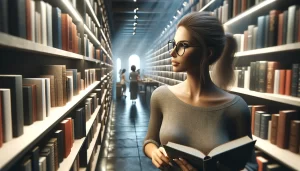 DALL·E 2024-03-20 19.53.35 - Imagine a modern bookstore with walls lined with shelves of books, where a woman browses the titles. The lighting is soft yet sufficient for reading, (1) - Allure Wellness How to Take Care of Your Eyes
