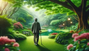 DALL·E 2024-03-20 20.36.00 - Envision a serene outdoor scene where a person of indeterminate age, facing orthopedic challenges, is taking a gentle stroll in a lush, green park. Th - Allure Wellness Common Orthopaedic Problems in Childhood