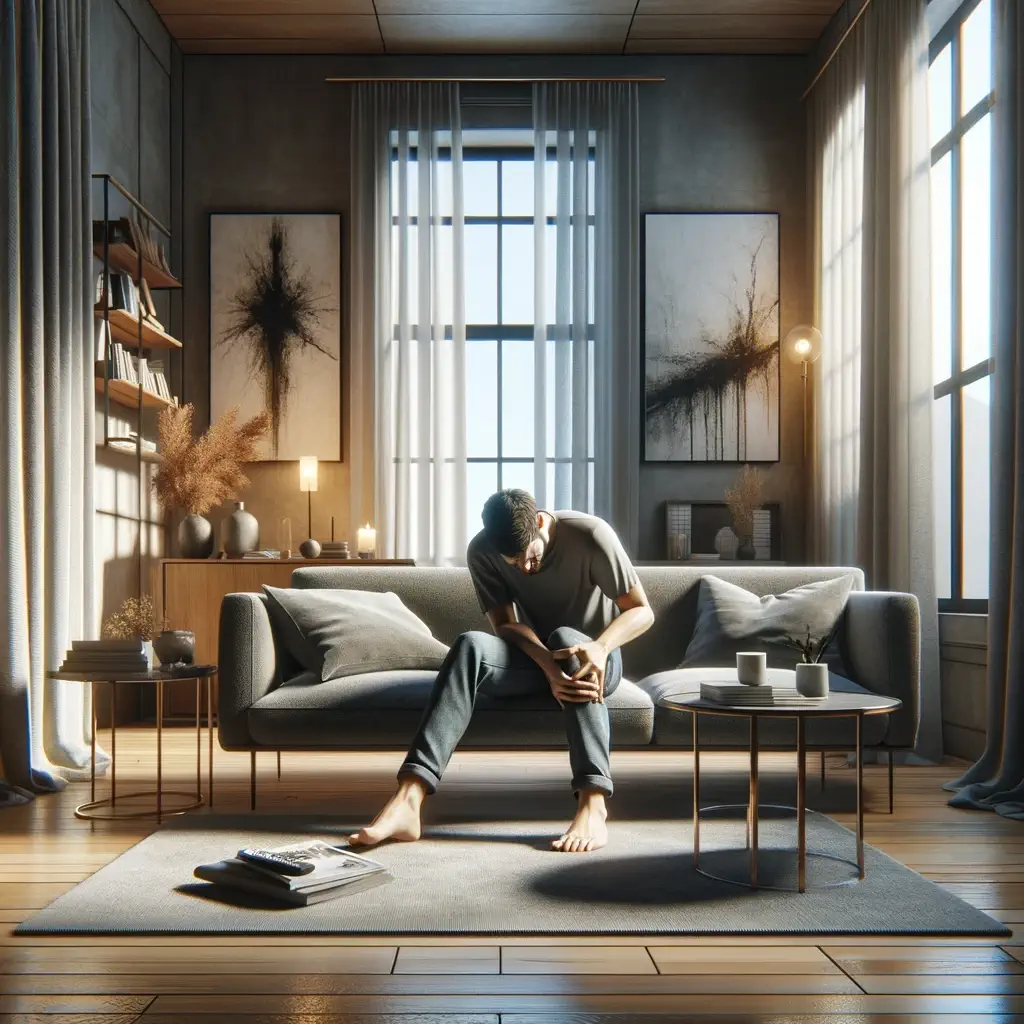 DALL·E 2024-03-23 07.14.38 – Imagine a realistic and detailed scene set in a contemporary living room. In the center of the room, there is a person seated on a plush, modern grey (1) ACL injury is the medical term used to refer to the tearing of the anterior cruciate ligament of the ACL