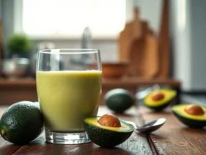 A close-up of a glass of avocado smoothie surrounded by whole and halved avocados, with a blurred background of a kitchen