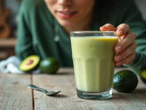 A smiling woman in a green sweater holding a glass of avocado smoothie, with fresh avocados and a spoon on the wooden table