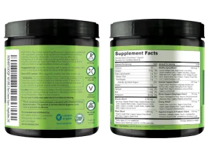 A close-up of NATURELO Raw Greens Whole Food Powder container showing the product label and supplement facts.