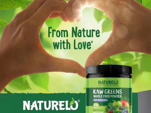 A promotional image for NATURELO Raw Greens Whole Food Powder featuring a green, nature-inspired background.
