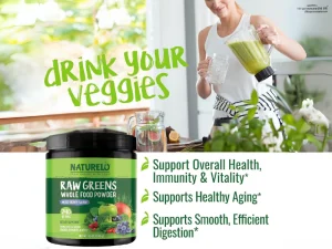 A promotional image for a green superfood powder, featuring a woman pouring a green smoothie and highlighting health benefits with the slogan 'Drink Your Veggies'