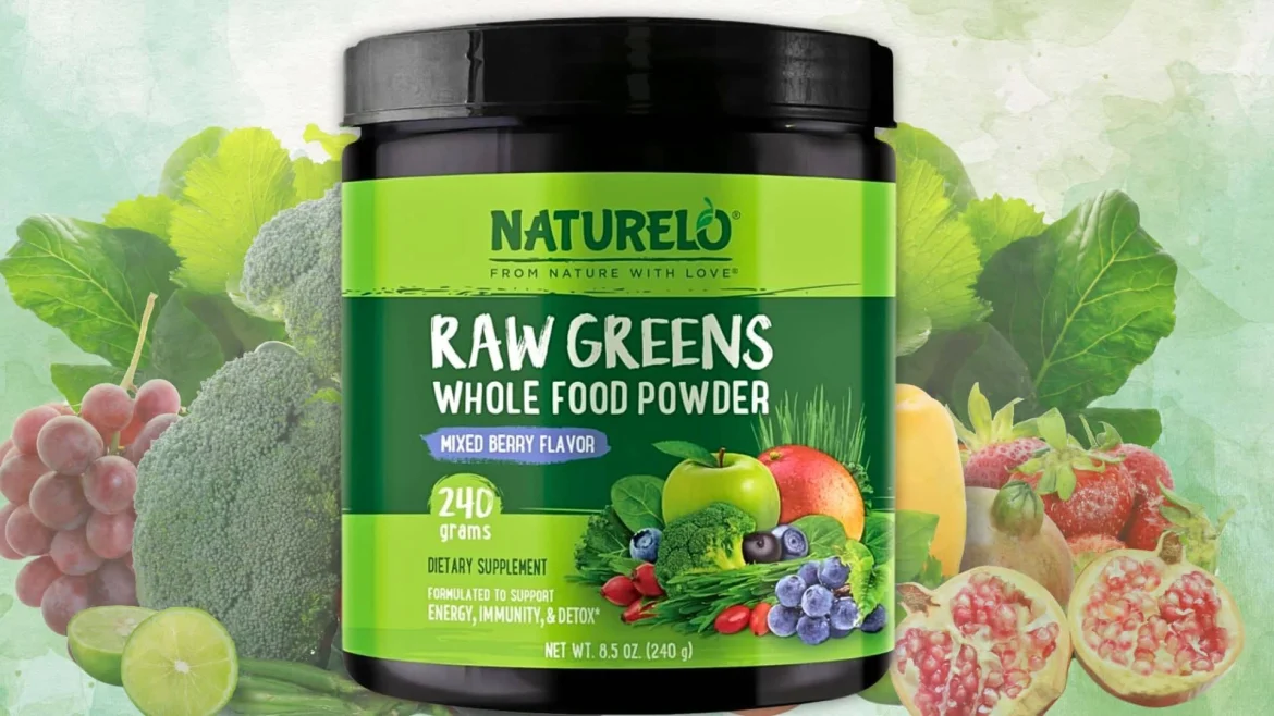 A Naturelo Raw Greens Whole Food Powder container with a mixed berry flavor, surrounded by a colorful assortment of fresh fruits and vegetables, emphasizing natural ingredients.
