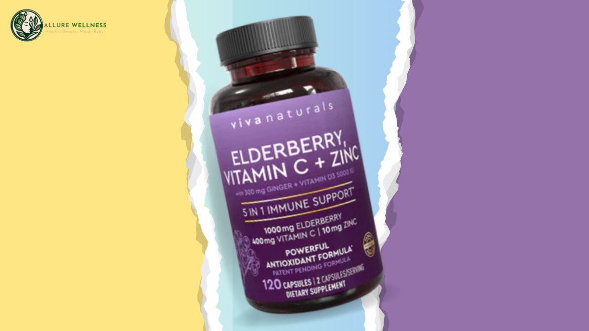 Viva Naturals Elderberry with Vitamin C + Zinc Bottle in front of a yellow, blue and purple background