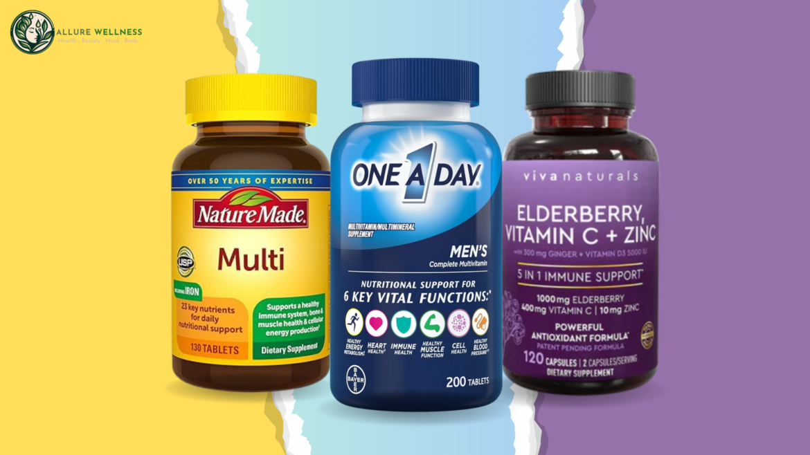 multivitamin Bottles in from of a yellow, blue and purple background which match their packaging color