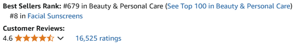 Supergoop! Unseen Sunscreen Amazon ratings and best-seller ranking overview