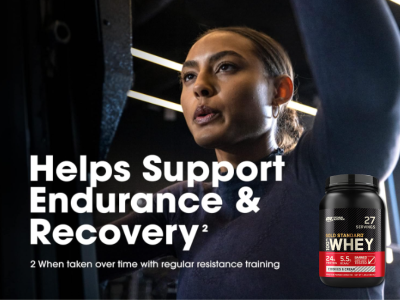 Focused woman exercising, promoting whey protein for endurance support