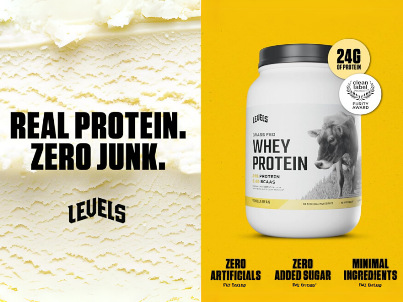 Levels whey protein with vanilla flavor and purity award