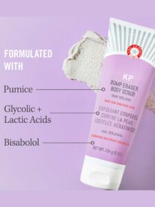First Aid Beauty KP Bump Eraser Body Scrub bottle and key ingredients