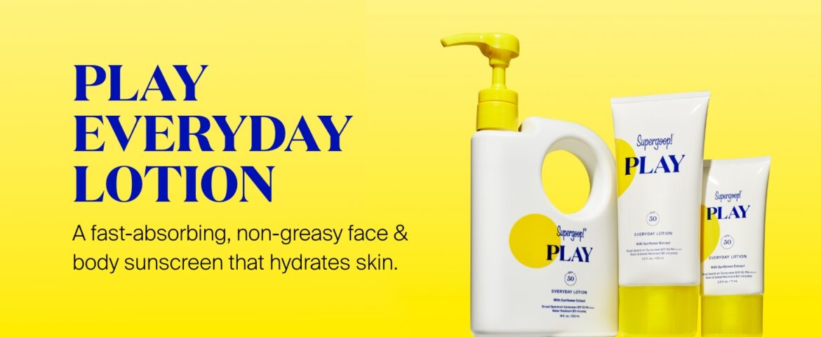 Supergoop! PLAY SPF 50 Bottles on a yellow background and text about using it and features