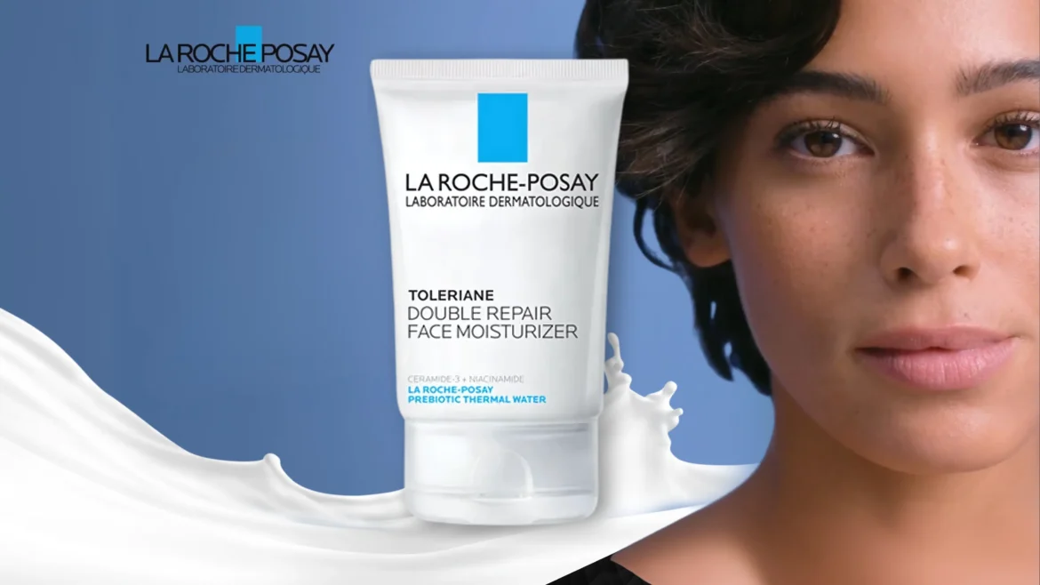 La Roche-Posay Toleriane Bottle and model on the right side
