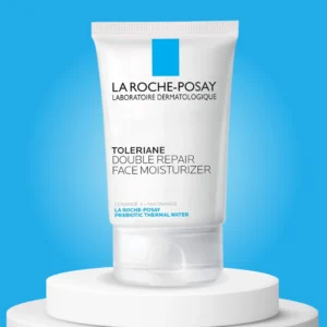 La Roche-Posay Toleriane Double Repair on a platform and blue background