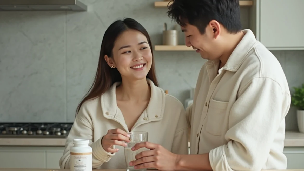 A couple happily preparing to drink their glutathione and collagen supplement in their kitchen