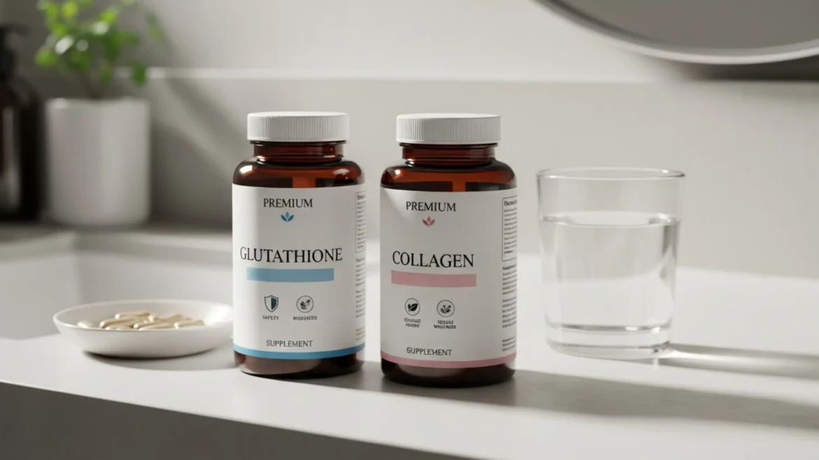 One bottle labeled Glutathione and the other Collagen with elegant minimalist packaging that conveys health purity and safety on a kitchen counter