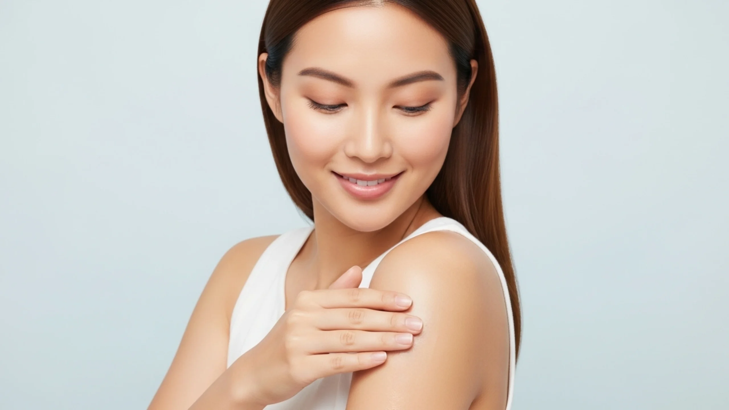 a beautiful young woman touching her smooth arm