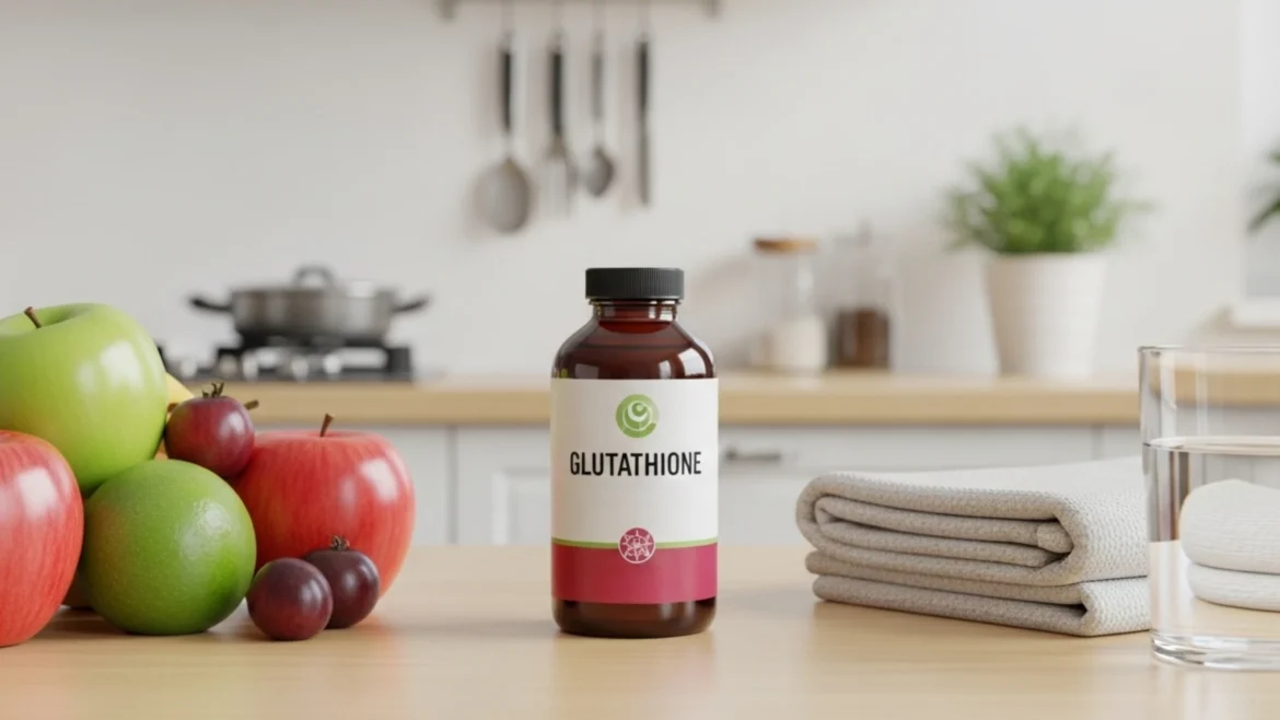 glutathione bottle placed on a kitchen table along with fruits and water