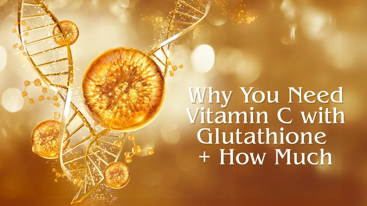 gold serum for cosmetic symbolizing glutathione and vitamin c with the title of the article on the right side