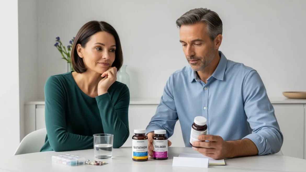 image of a man and a woman seated at a modern dining or kitchen table in a softly lit minimalist space while holding a bottle both thinking
