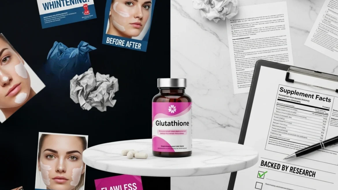 image of a single bottle of Glutathione placed at the center of a clean white or marble surface