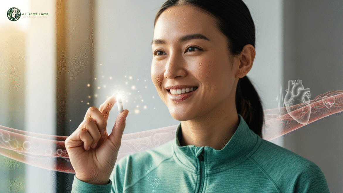 a smiling asian woman holding a nmn capsule