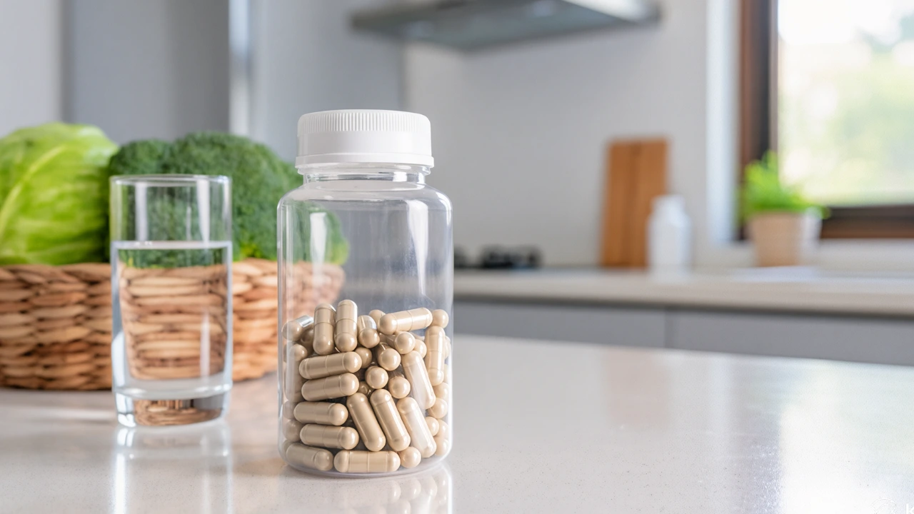 a bottle of NMN on a kitchen countertop along with a glass of water and a basket of vegetables