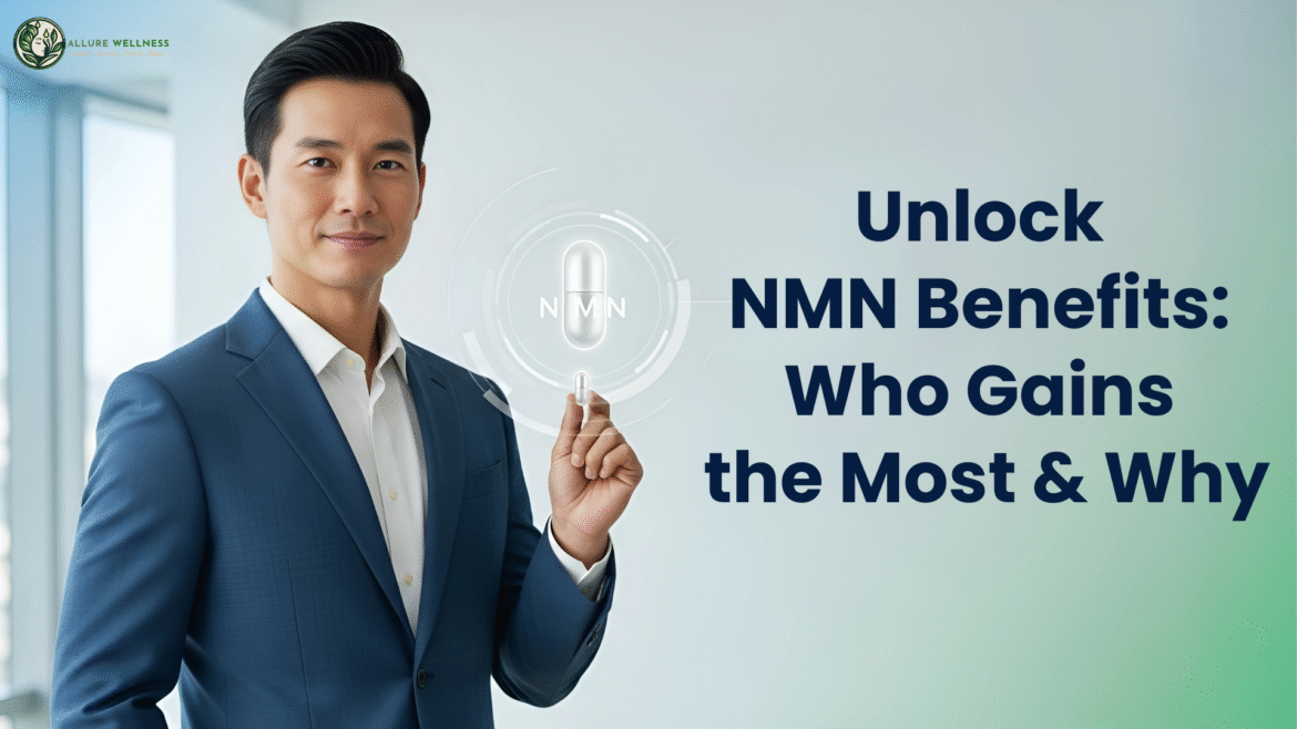 a man in a professional attire holding a nmn capsule and the text "Unlock NMN Benefits Who Gains the Most Why" on a blue green background