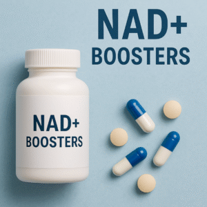 nad+ booster capsules and bottles with blue background