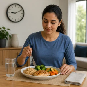 A woman eats a balanced meal near a clock to support diabetes control through steady meal timing