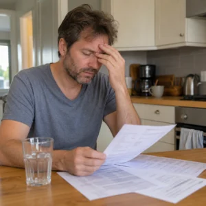A man reviews blood test results at home while showing concern about possible early diabetes warning signs