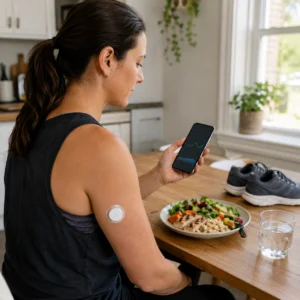 A woman with a continuous glucose monitor checks diabetes trends on her smartphone beside a healthy meal