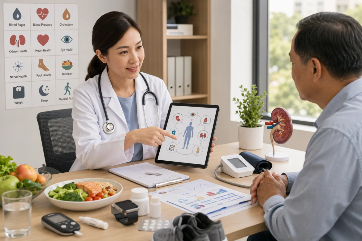 A doctor reviews a complete diabetes care plan with a patient using a tablet in a modern clinic