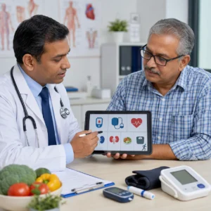 A doctor explains a diabetes care plan to a patient using a tablet with health icons in a clinic