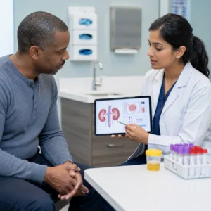 A doctor explains kidney screening for diabetes using a tablet with kidney visuals and lab samples