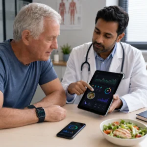 A doctor and patient review personalized diabetes data from wearable devices, apps, meals, and glucose trends