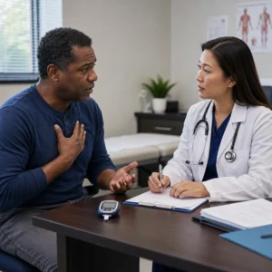 A patient discusses concerning diabetes symptoms with a doctor during a focused clinic visit