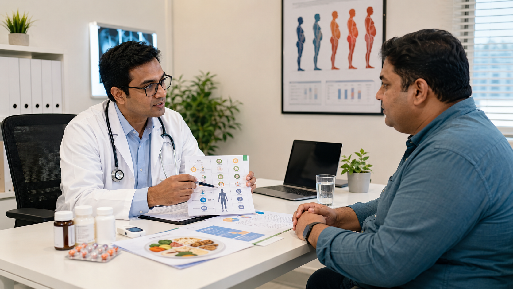 A doctor discusses diabetes and weight care with a patient using meal plans and medication guidance